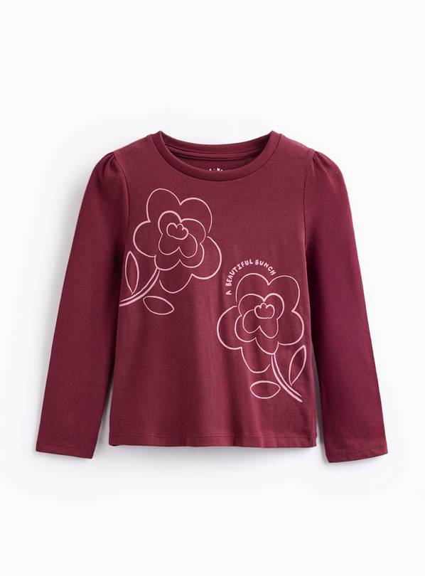 Burgundy Flower Print Long Sleeve T-Shirt 2-3 years
